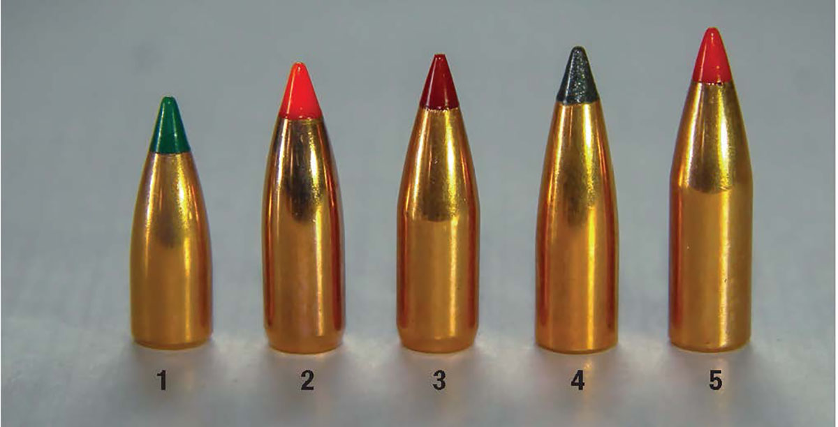 Bullets used to test the 225 Winchester included: (1) Sierra’s 40-grain BlitzKing, (2) Nosler’s 50-grain Ballistic Tip Varmint, (3) Hornady’s 52-grain ELD Match, (4) Nosler’s 55-grain Tipped Varmageddon and (5) Hornady’s 60-grain V-MAX.
